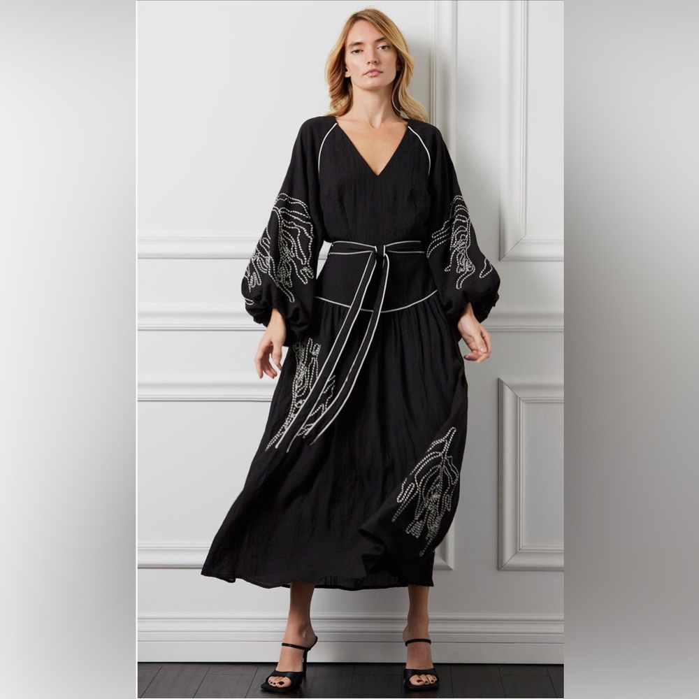 NEW CIEBON Eliza Embroidered A-Line Dress Black 3/4 Sleeve L